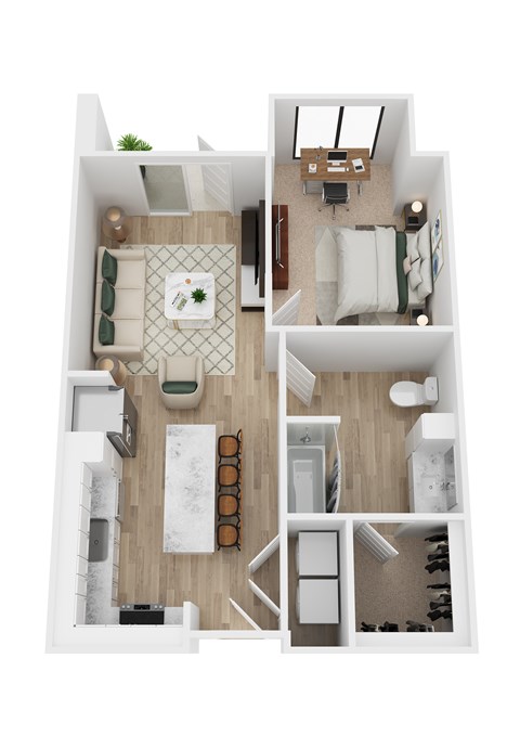Floor plan for 1 bed, 1 bath, 727 sqft